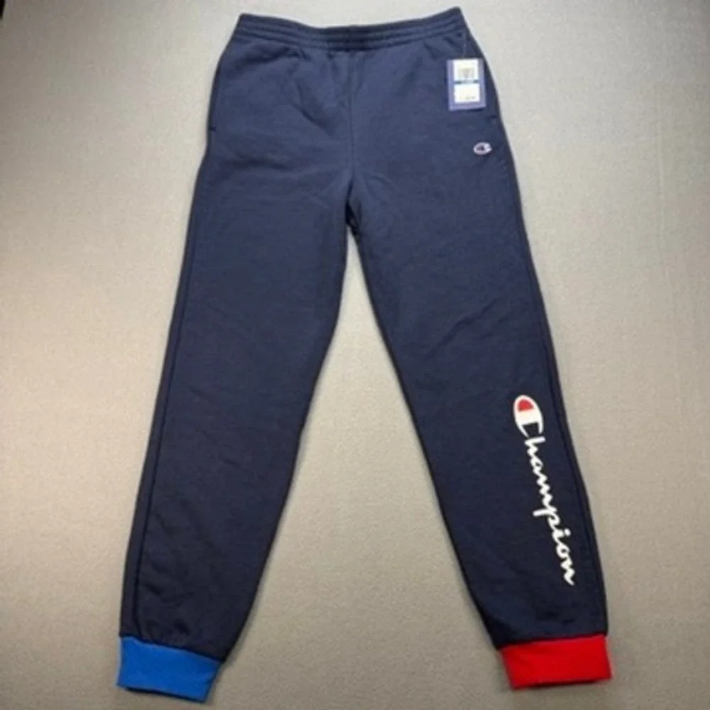 Champion Fleece Jogger Sweatpants Relaxed XL Navy Blue Colorblock Cuffs Logo NWT